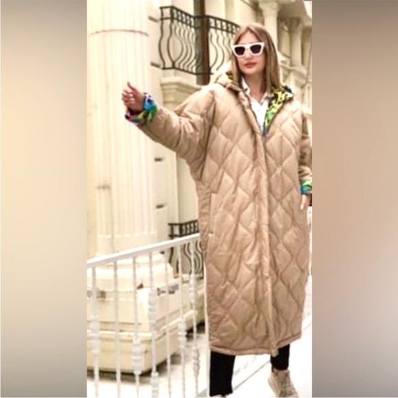 NEW double-sided OVERSIZED leopard print gold beige quilted hooded coat - Picture 4 of 15